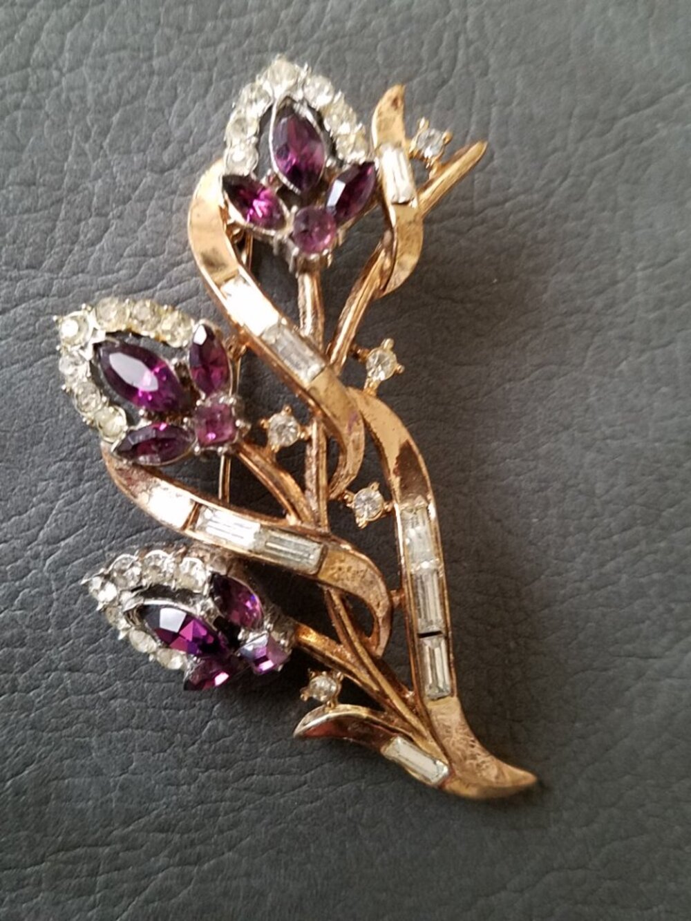 Vintage Trifari Alfred Philippe Purple and Clear Rhinestone Floral Brooch